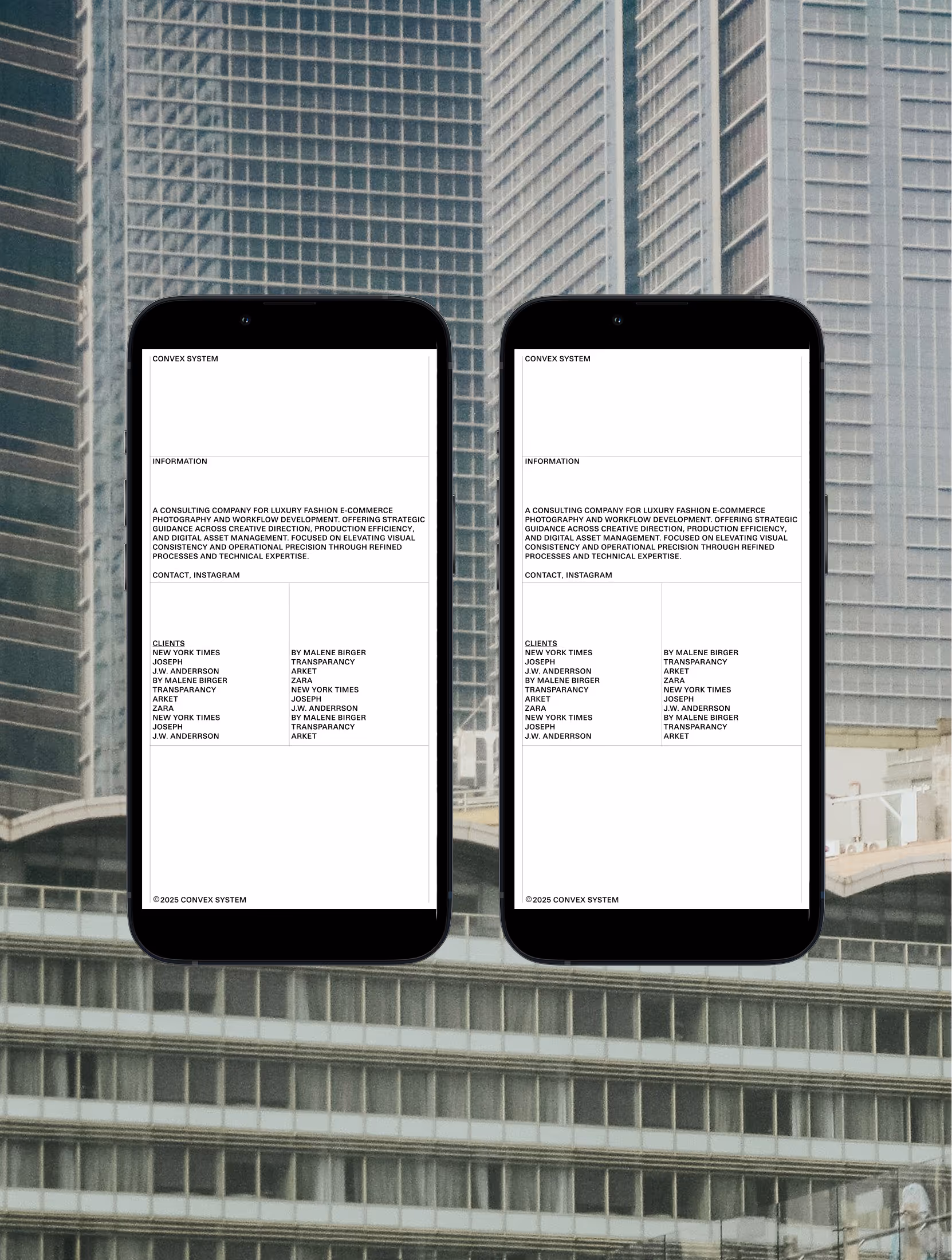 Two smartphones side by side displaying identical informational text about Convex System, a consulting company for luxury fashion e-commerce and photography, listing clients and contact details against a backdrop of tall office buildings.
