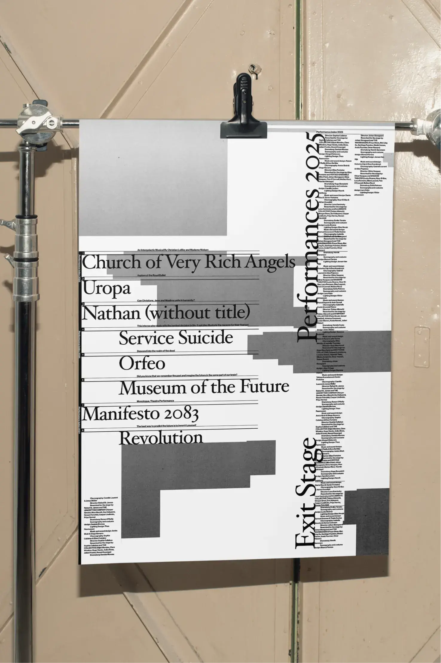 Poster for Exit Stage performances 2025 listing show titles including Church of Very Rich Angels, Uropa, Nathan (without title), Service Suicide, Orfeo, Museum of the Future, Manifesto 2083, and Revolution.
