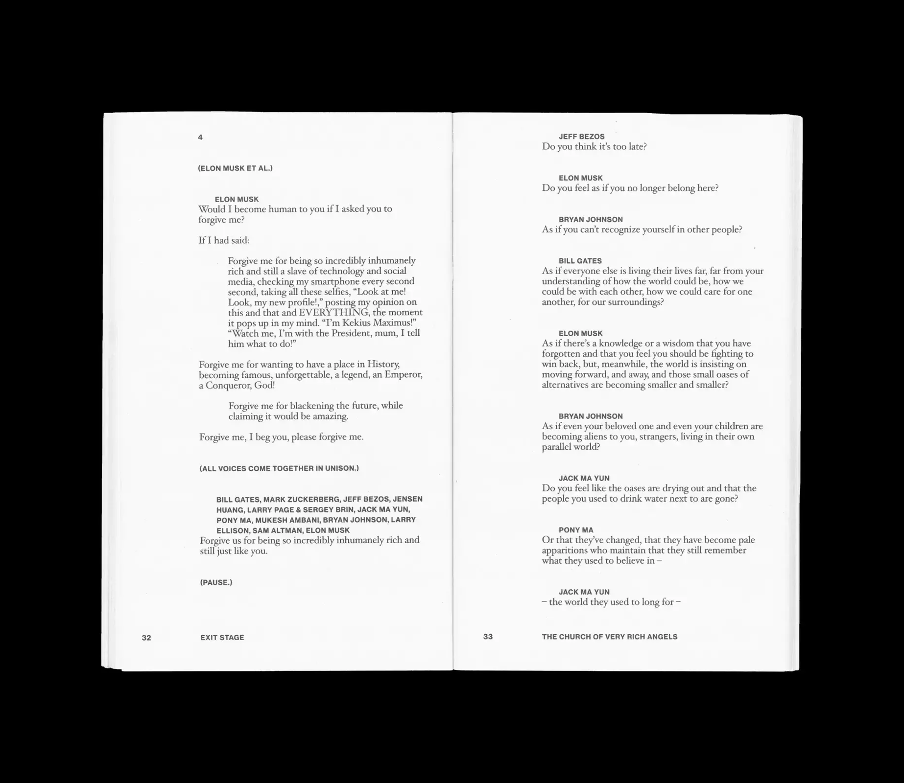 Two open pages of a book featuring a dialogue script with speakers including Elon Musk, Jeff Bezos, Bill Gates, and others discussing forgiveness, belonging, and societal change.