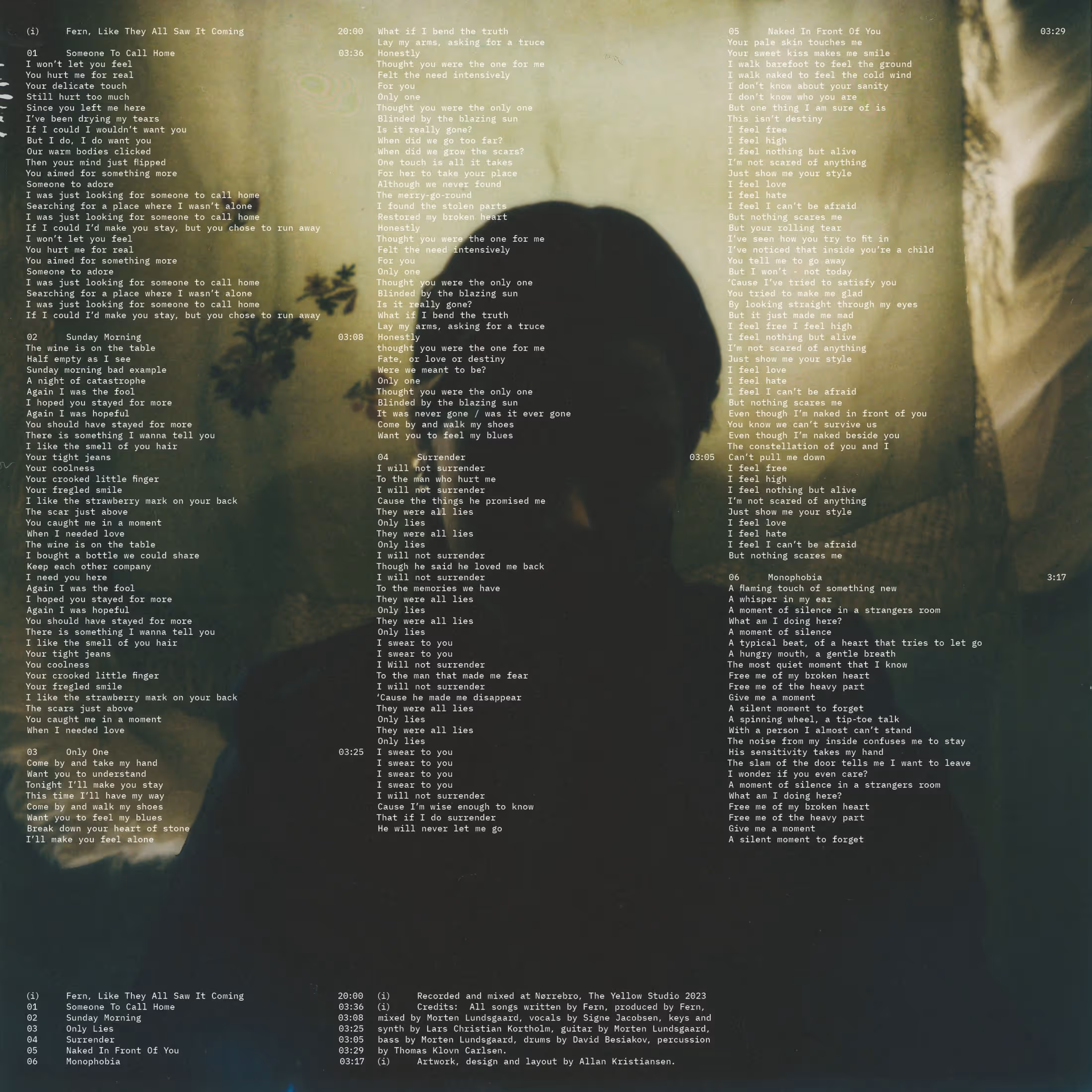 Album front cover with song lyrics printed over a shadowy artistic image of a person and abstract shapes.