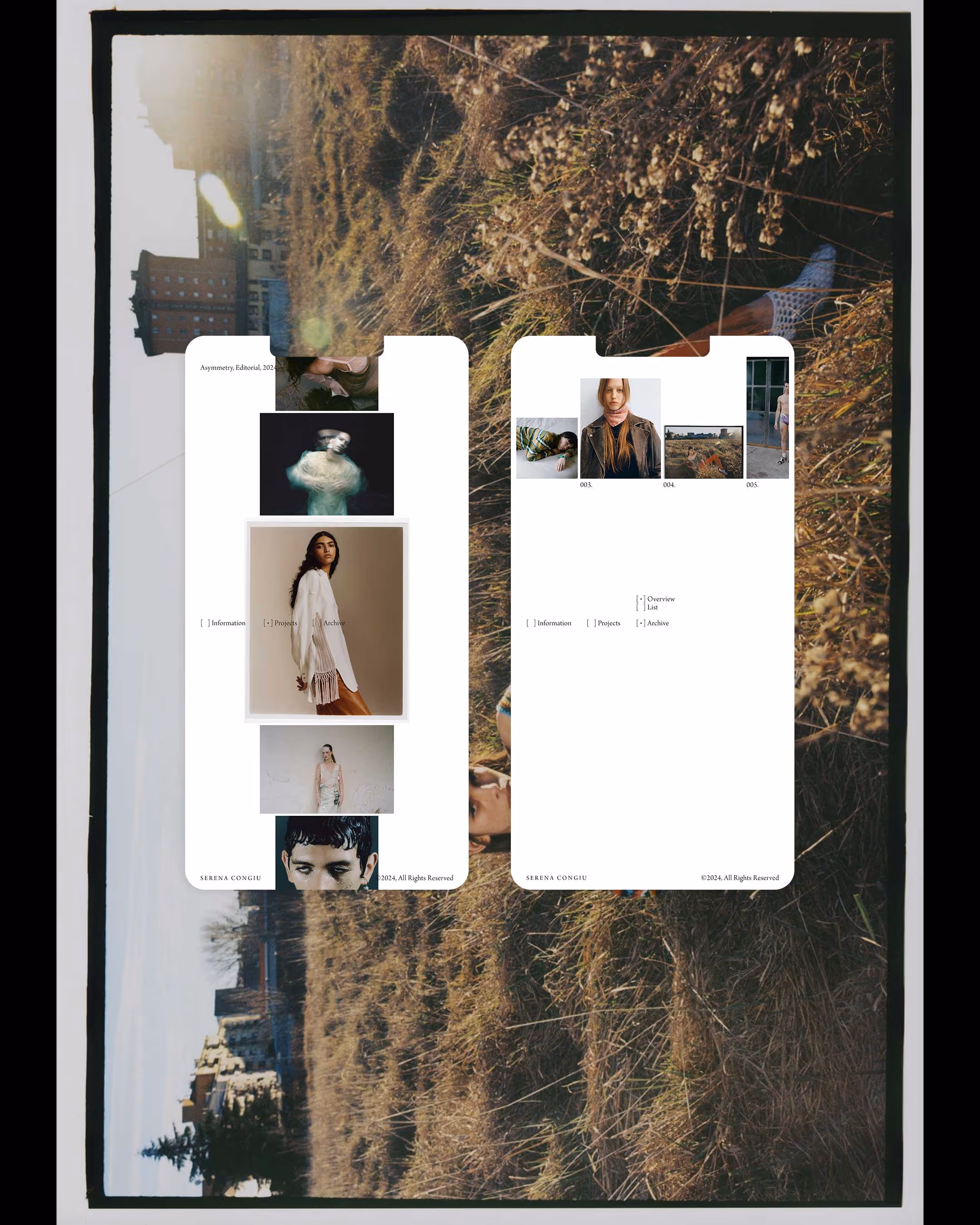 Two white phone screen mockups with fashion photography and minimal text, placed over a background of a sunlit grassy field with buildings in the distance.