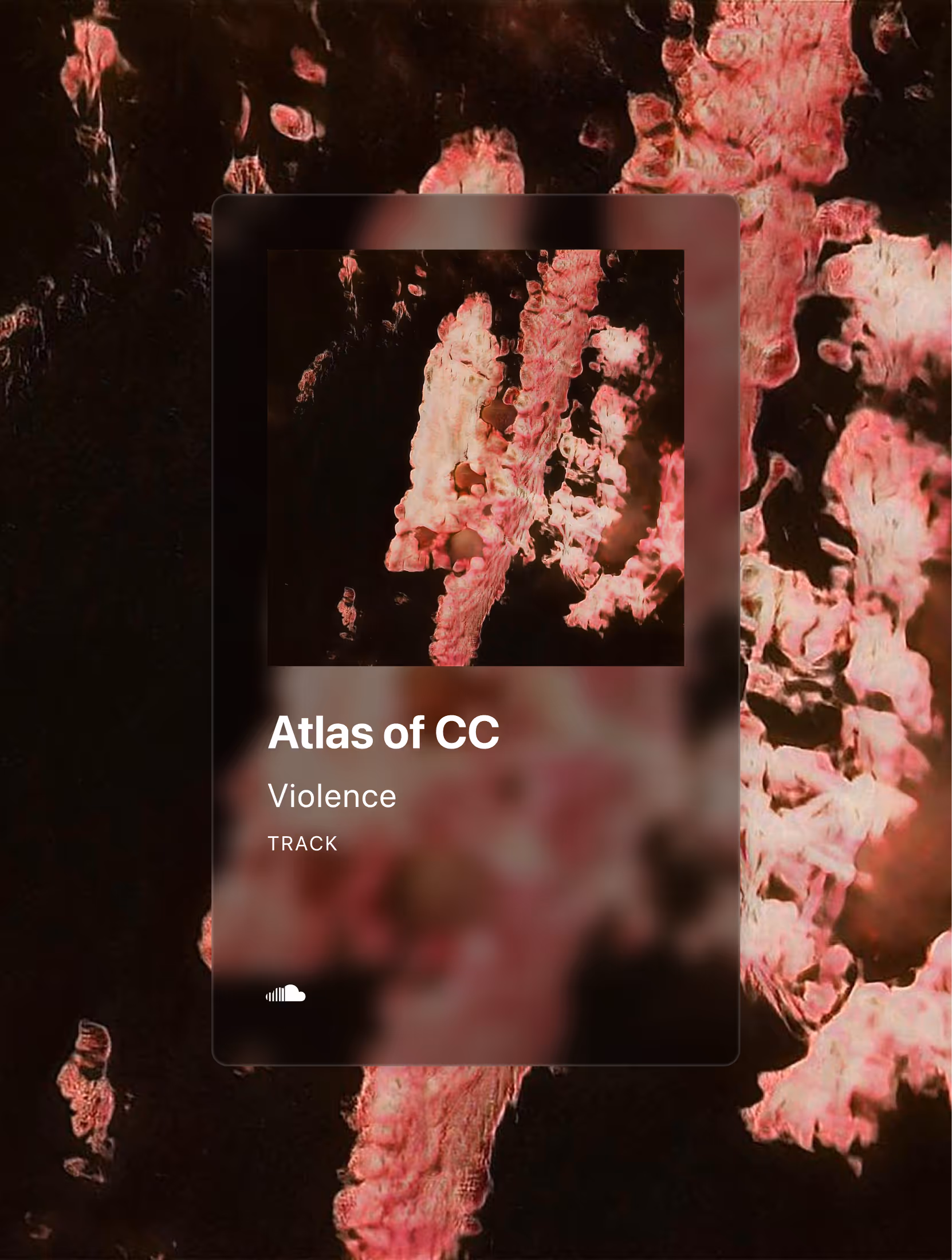 SoundCloud music player displaying the track 'Violence' by Atlas of CC with an abstract pink and black background.